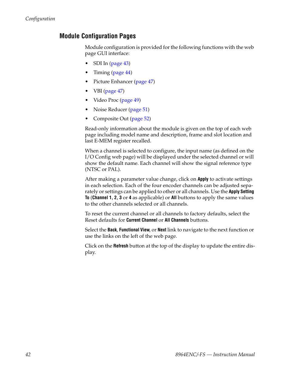 Module configuration pages | Grass Valley 8964ENC v.1.2.2 User Manual | Page 42 / 74