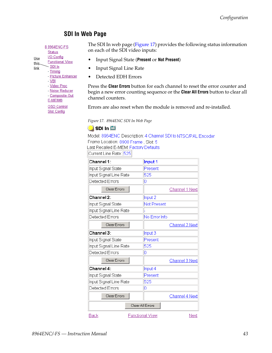 Sdi in web page | Grass Valley 8964ENC v.1.2.2 User Manual | Page 43 / 74