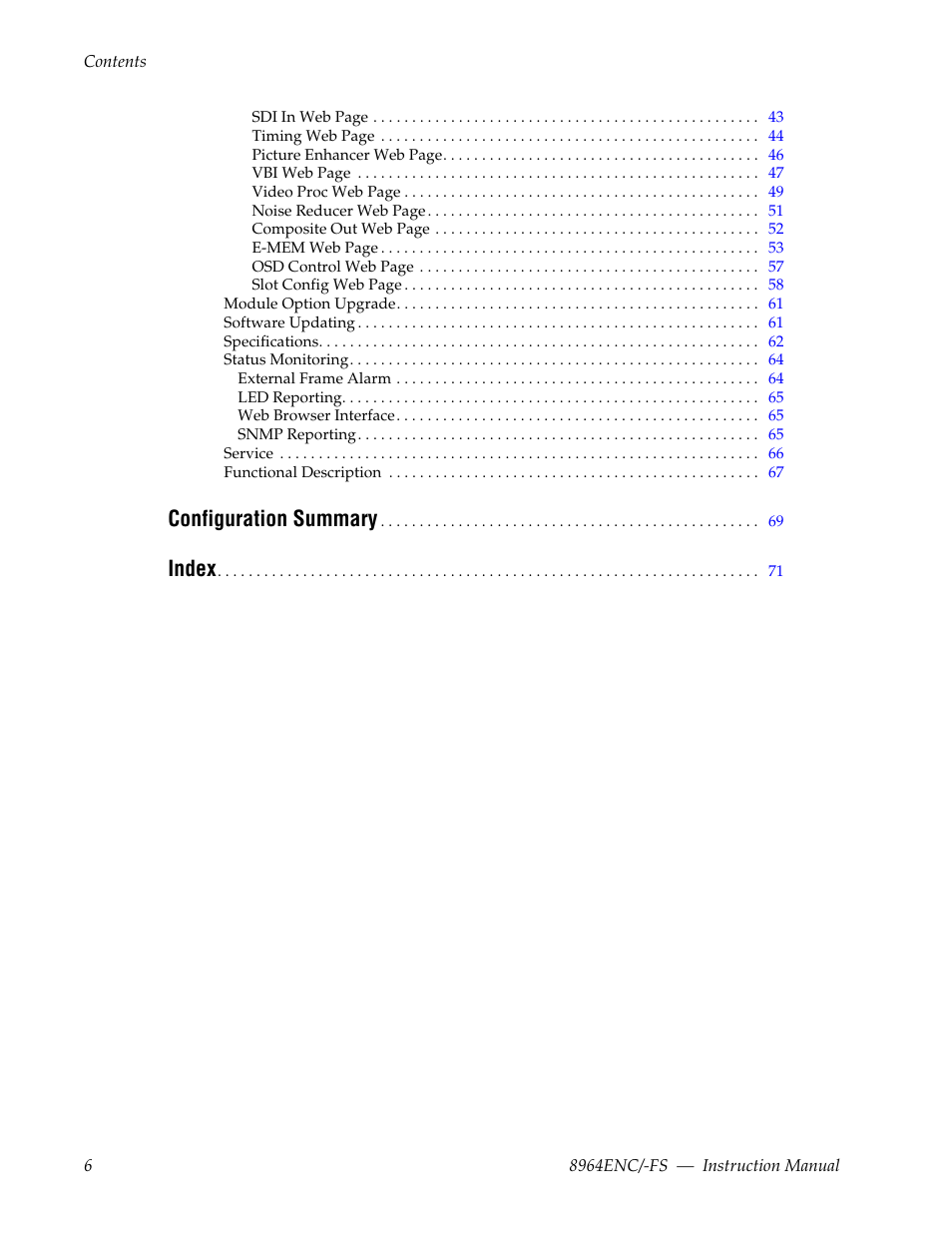 Configuration summary, Index | Grass Valley 8964ENC v.1.2.2 User Manual | Page 6 / 74