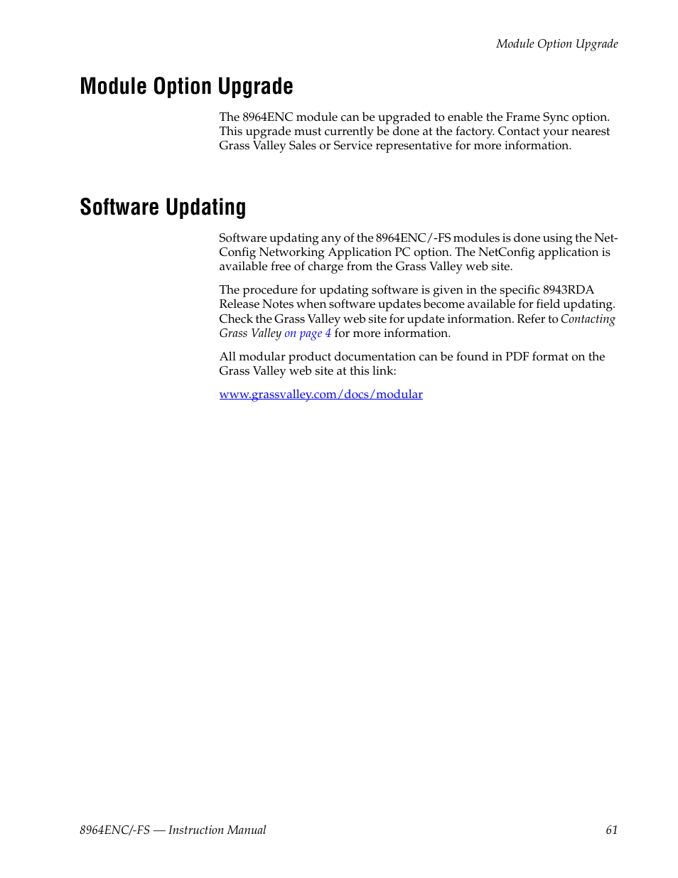 Module option upgrade, Software updating, Module | Grass Valley 8964ENC v.1.2.2 User Manual | Page 61 / 74