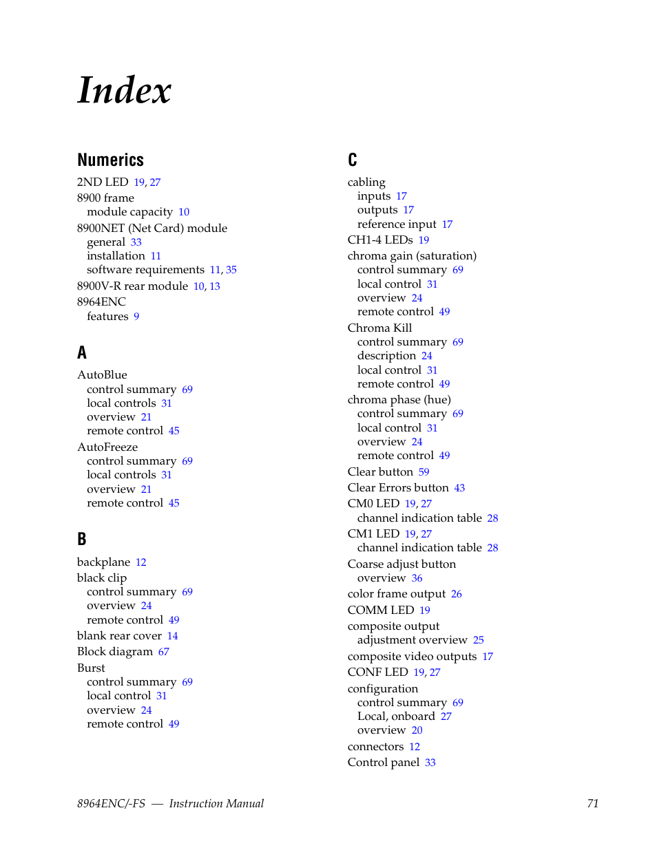 Index, Numerics | Grass Valley 8964ENC v.1.2.2 User Manual | Page 71 / 74