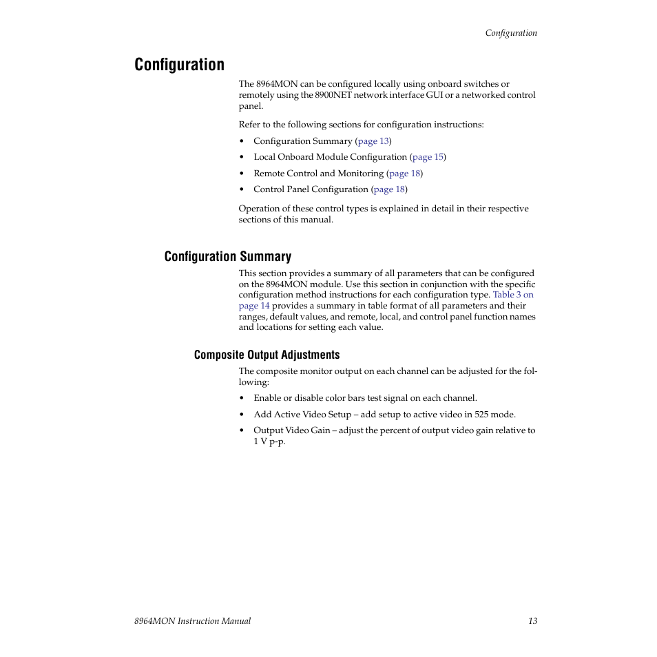 Configuration, Configuration summary, Composite output adjustments | Grass Valley 8964MON User Manual | Page 13 / 42