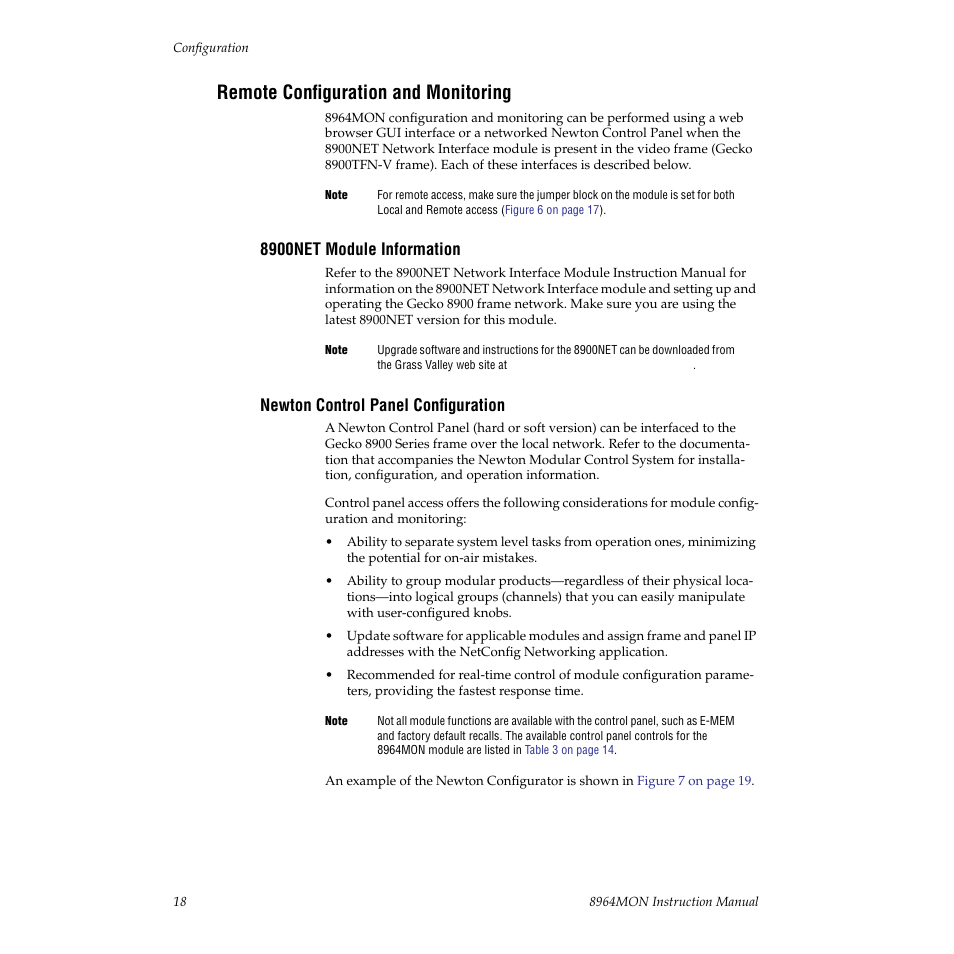 Remote configuration and monitoring, 8900net module information, Newton control panel configuration | Ol and monitoring | Grass Valley 8964MON User Manual | Page 18 / 42