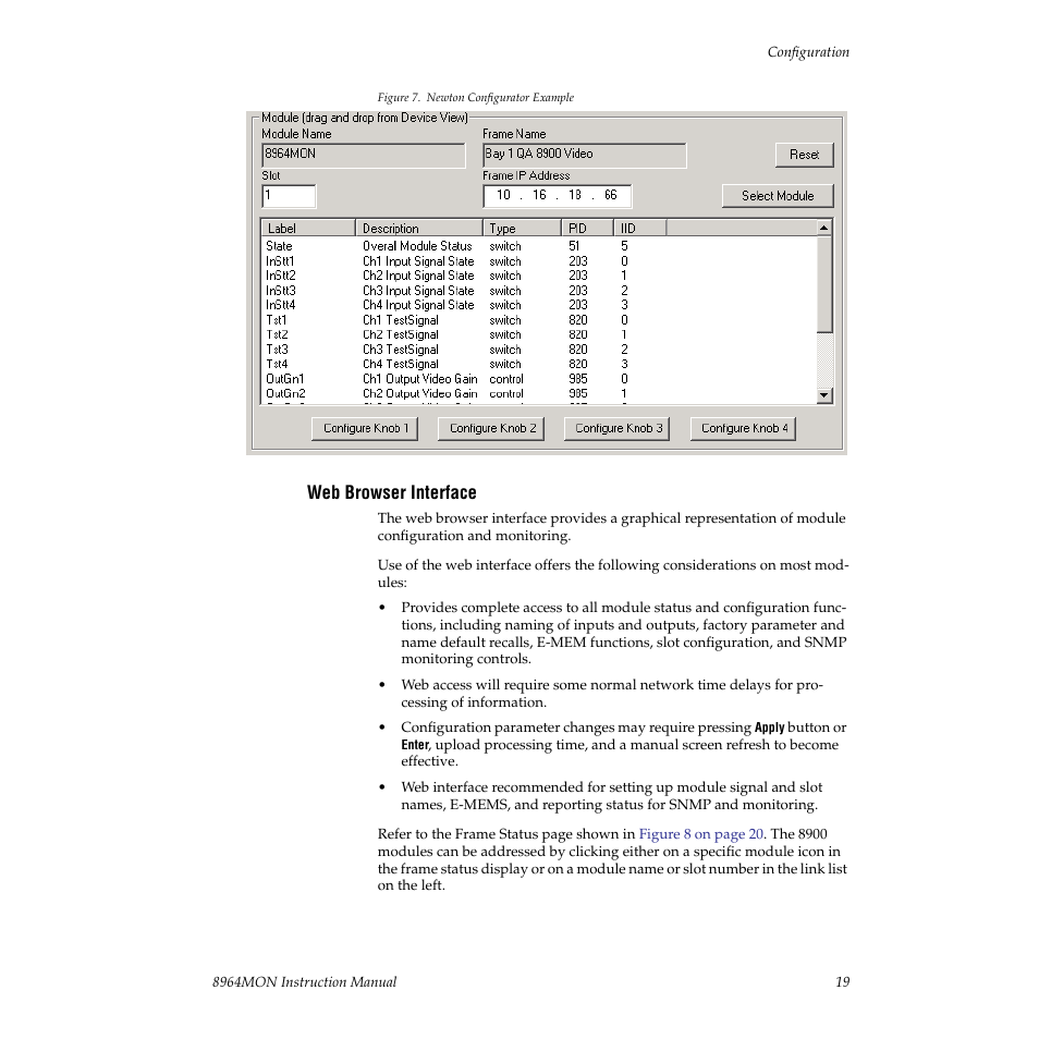 Web browser interface, An example of the newton configurator is shown in | Grass Valley 8964MON User Manual | Page 19 / 42