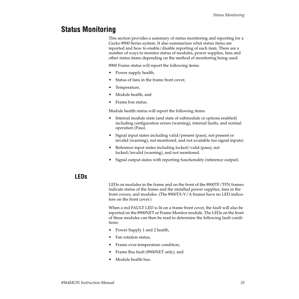 Status monitoring, Leds, Status mon | For an explanation of the color coding, Refer to | Grass Valley 8964MON User Manual | Page 35 / 42