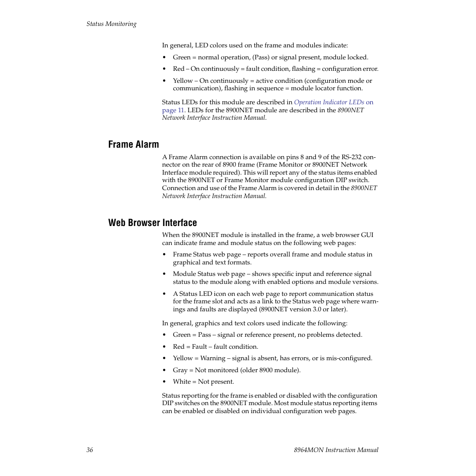 Frame alarm, Web browser interface | Grass Valley 8964MON User Manual | Page 36 / 42