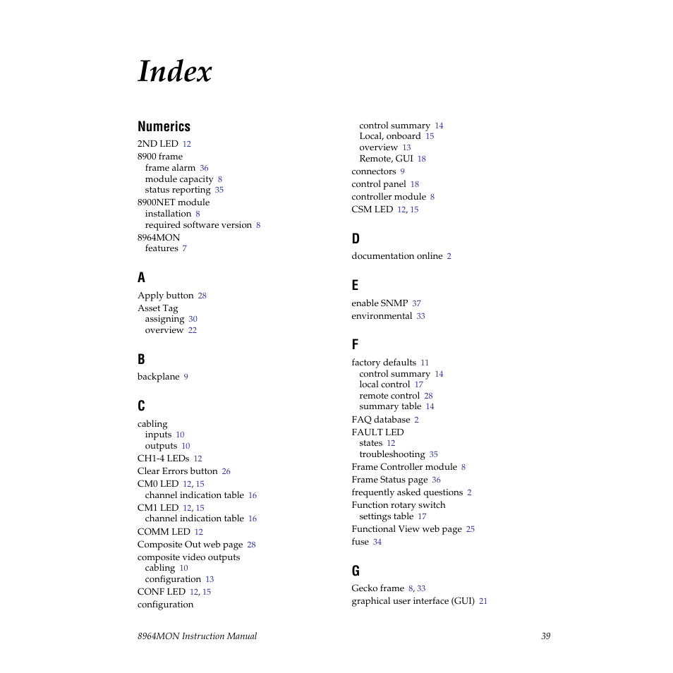 Index, Numerics | Grass Valley 8964MON User Manual | Page 39 / 42