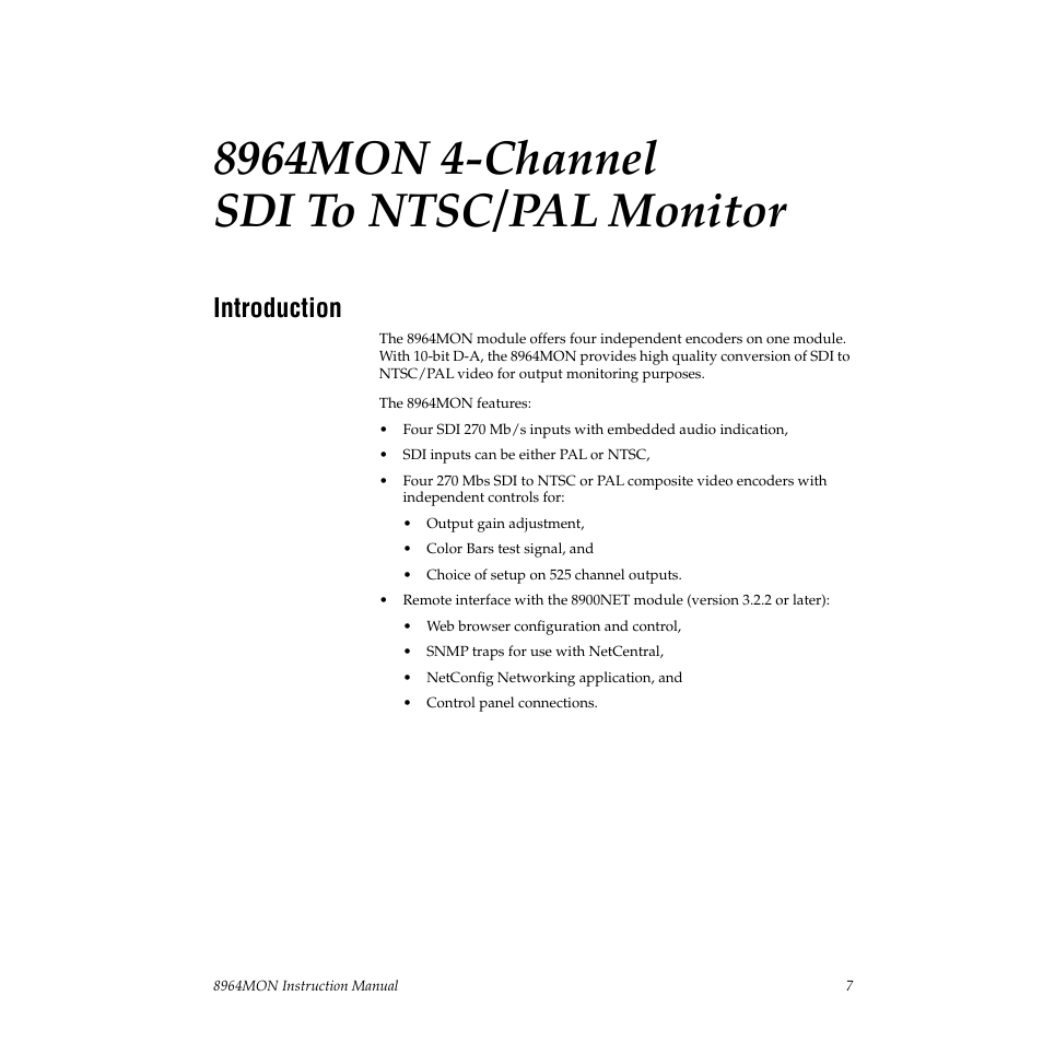 8964mon 4-channel sdi to ntsc/pal monitor, Introduction | Grass Valley 8964MON User Manual | Page 7 / 42