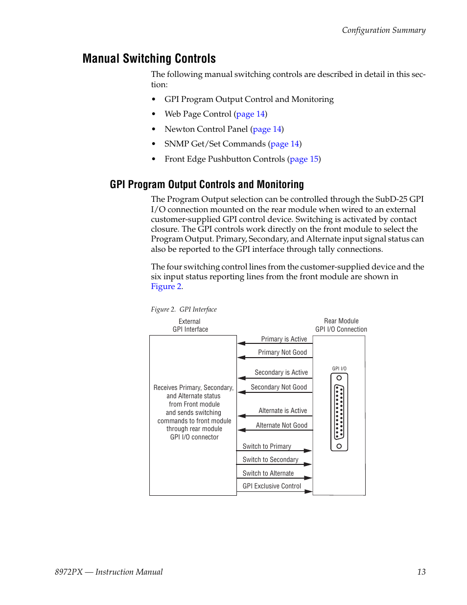 Manual switching controls, Gpi program output controls and monitoring, For a complet | Grass Valley 8972PX User Manual | Page 13 / 90