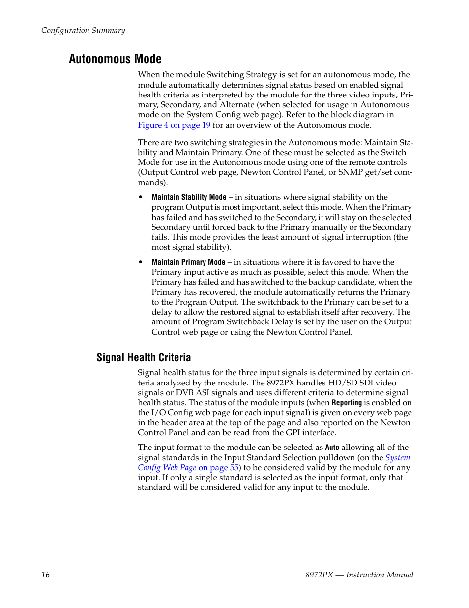 Autonomous mode, Signal health criteria, Autono | Grass Valley 8972PX User Manual | Page 16 / 90