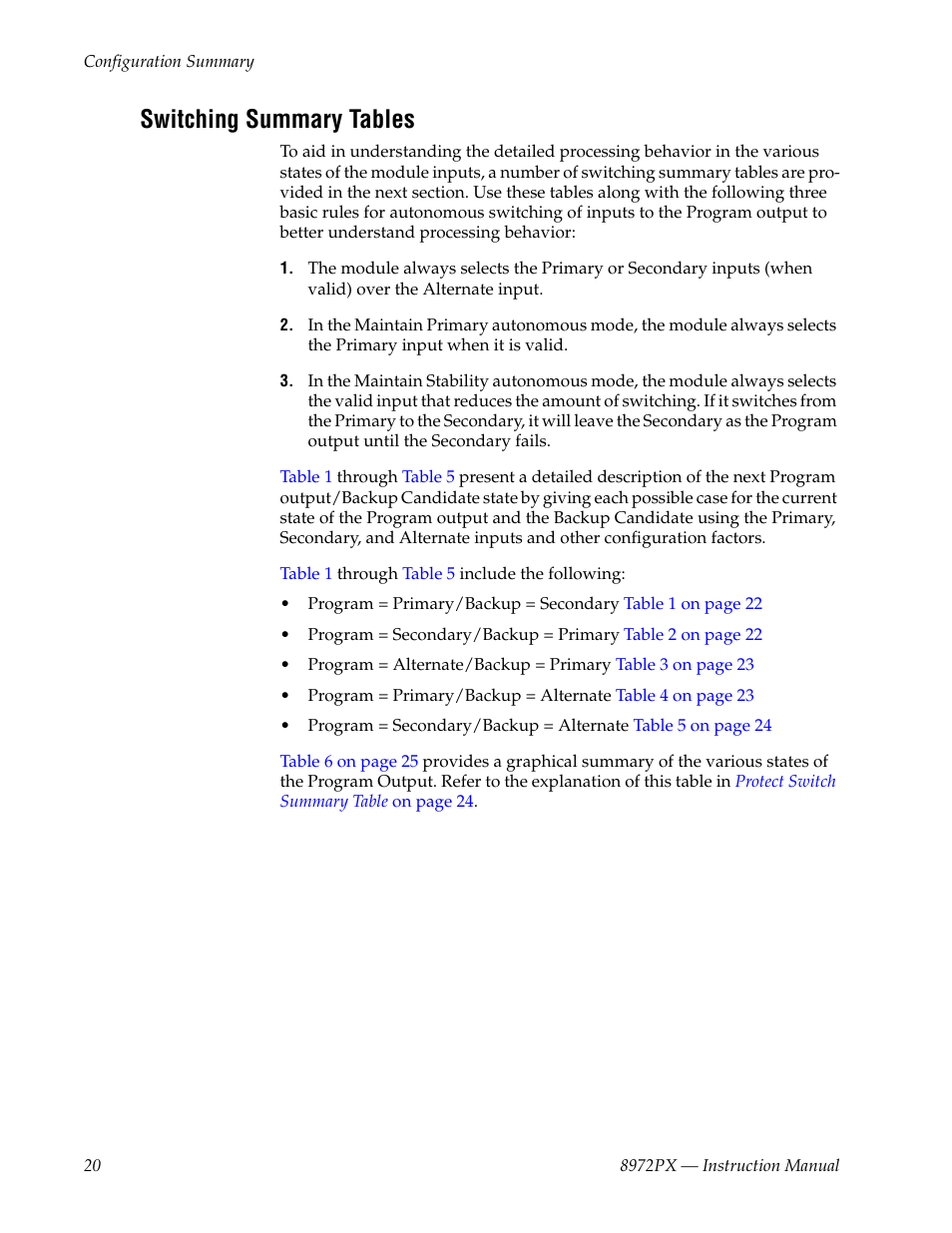 Switching summary tables | Grass Valley 8972PX User Manual | Page 20 / 90