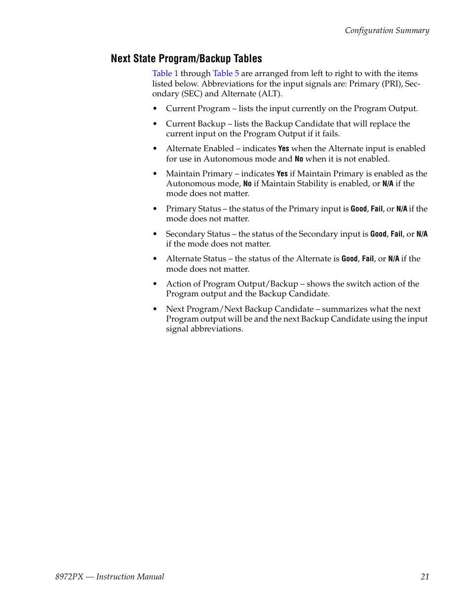 Next state program/backup tables | Grass Valley 8972PX User Manual | Page 21 / 90