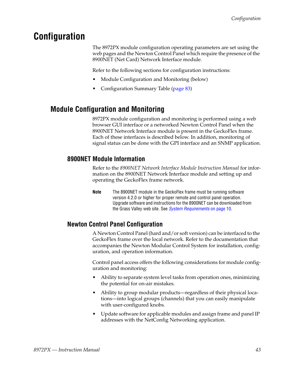 Configuration, Module configuration and monitoring, 8900net module information | Newton control panel configuration | Grass Valley 8972PX User Manual | Page 43 / 90