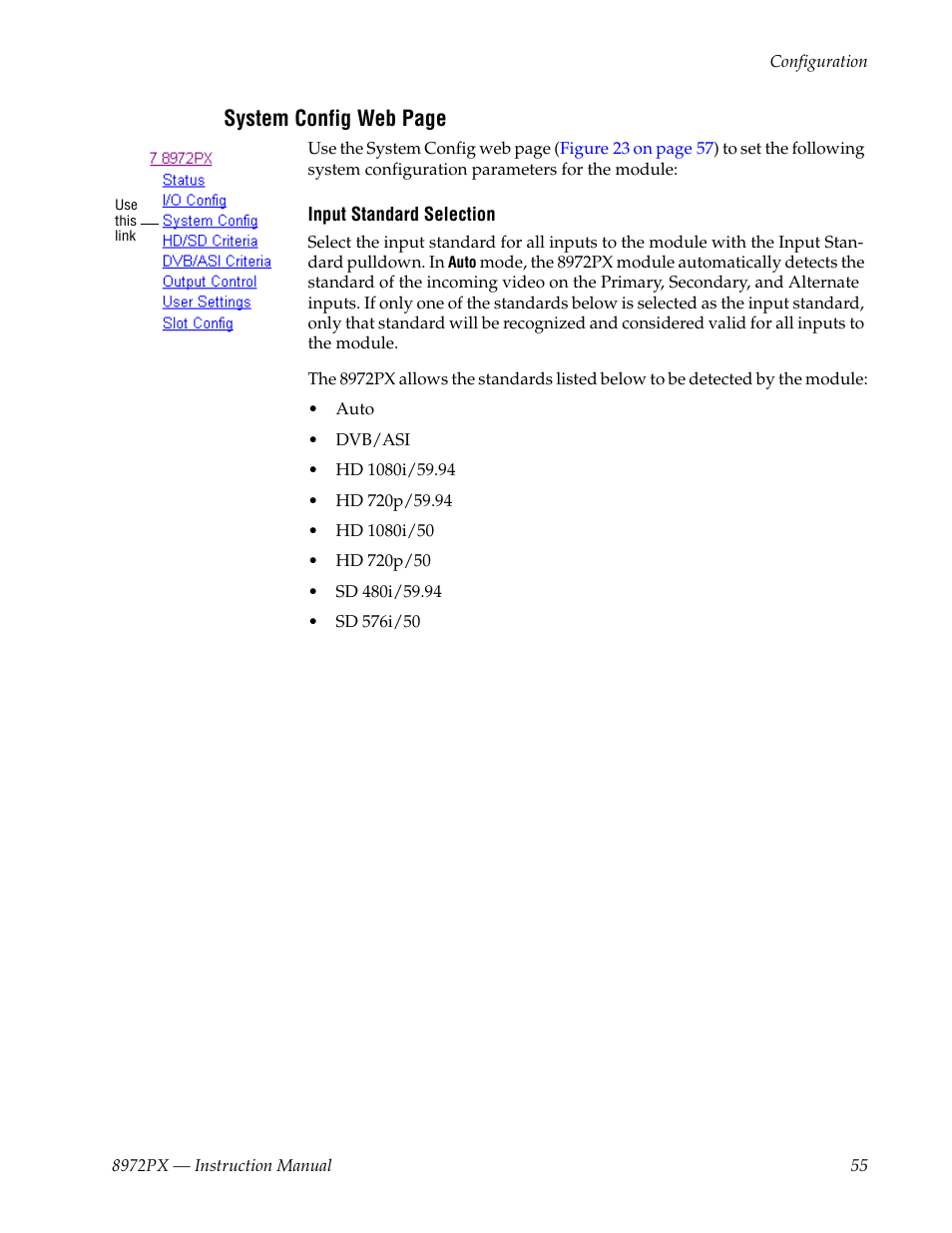 System, System config | Grass Valley 8972PX User Manual | Page 55 / 90