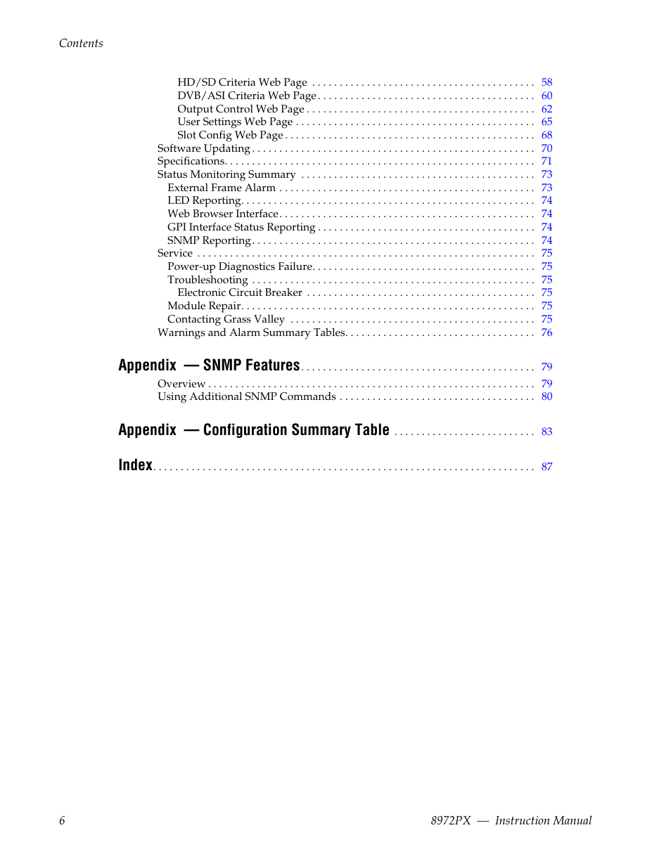 Appendix — snmp features, Appendix — configuration summary table, Index | Grass Valley 8972PX User Manual | Page 6 / 90