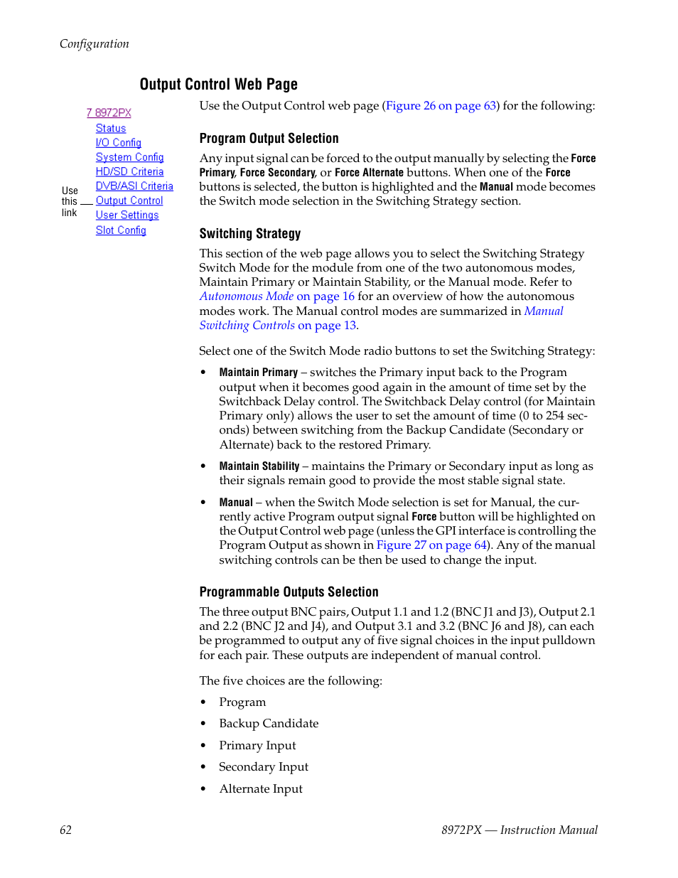 Output control web page | Grass Valley 8972PX User Manual | Page 62 / 90