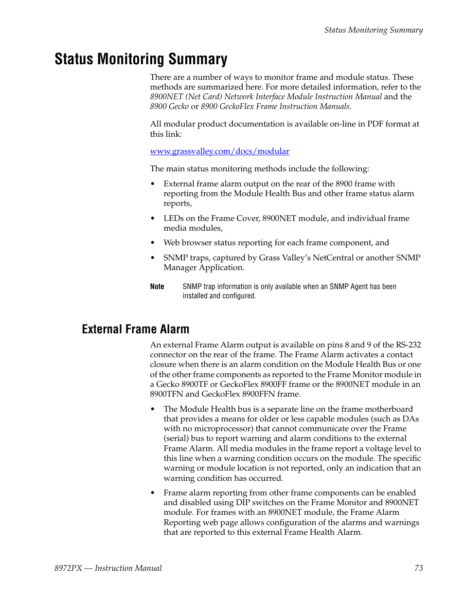 Status monitoring summary, External frame alarm, Fer to | Refer to | Grass Valley 8972PX User Manual | Page 73 / 90