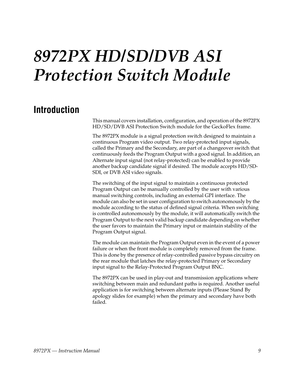 8972px hd/sd/dvb asi protection switch module, Introduction | Grass Valley 8972PX User Manual | Page 9 / 90