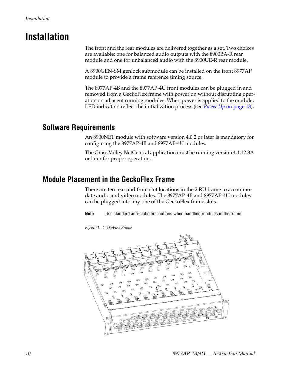 Installation, Software requirements, Module placement in the geckoflex frame | Grass Valley 8977AP-4B User Manual | Page 10 / 68