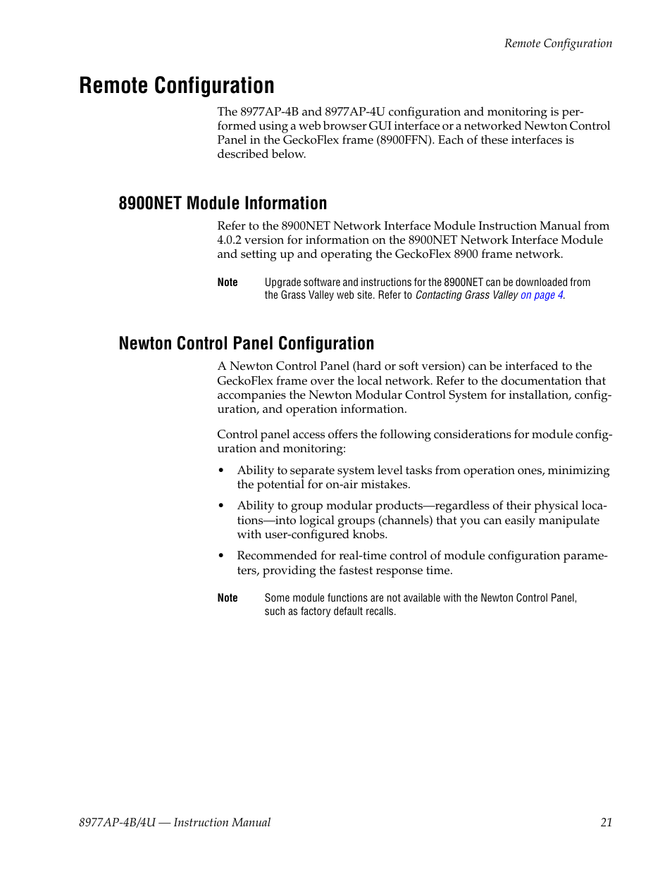 Remote configuration, 8900net module information, Newton control panel configuration | Grass Valley 8977AP-4B User Manual | Page 21 / 68