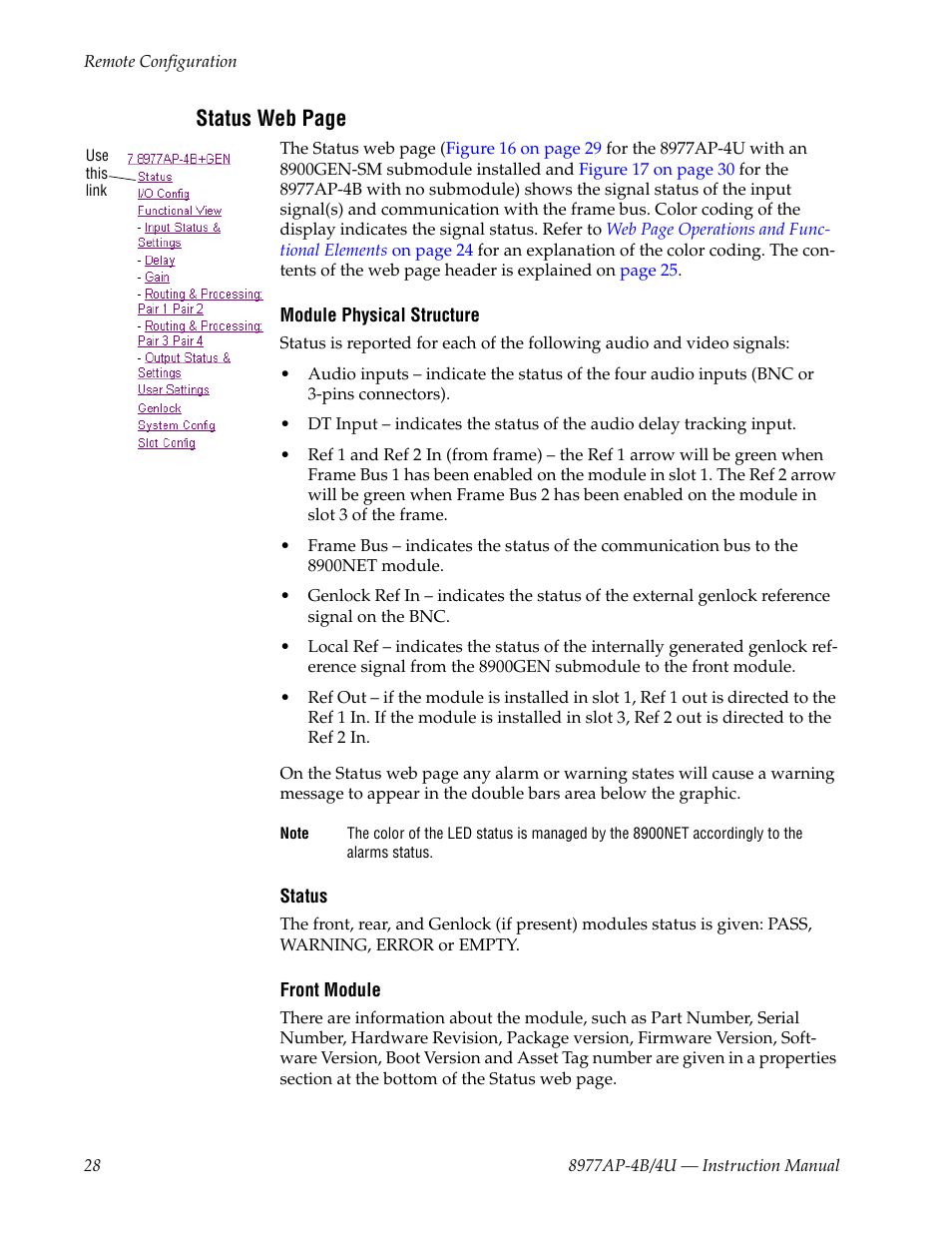 Status web page | Grass Valley 8977AP-4B User Manual | Page 28 / 68