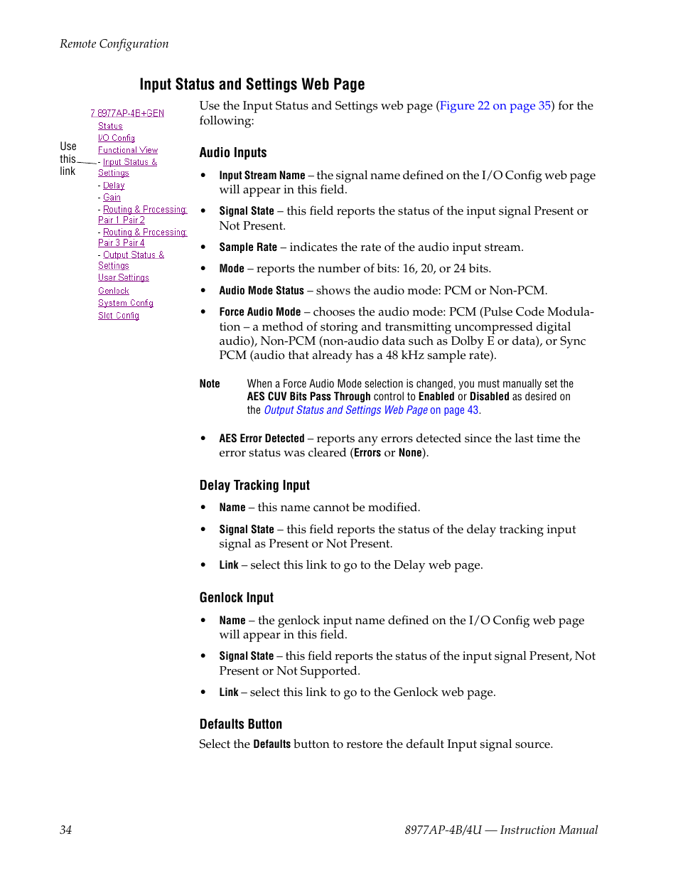 Input status and settings web page | Grass Valley 8977AP-4B User Manual | Page 34 / 68