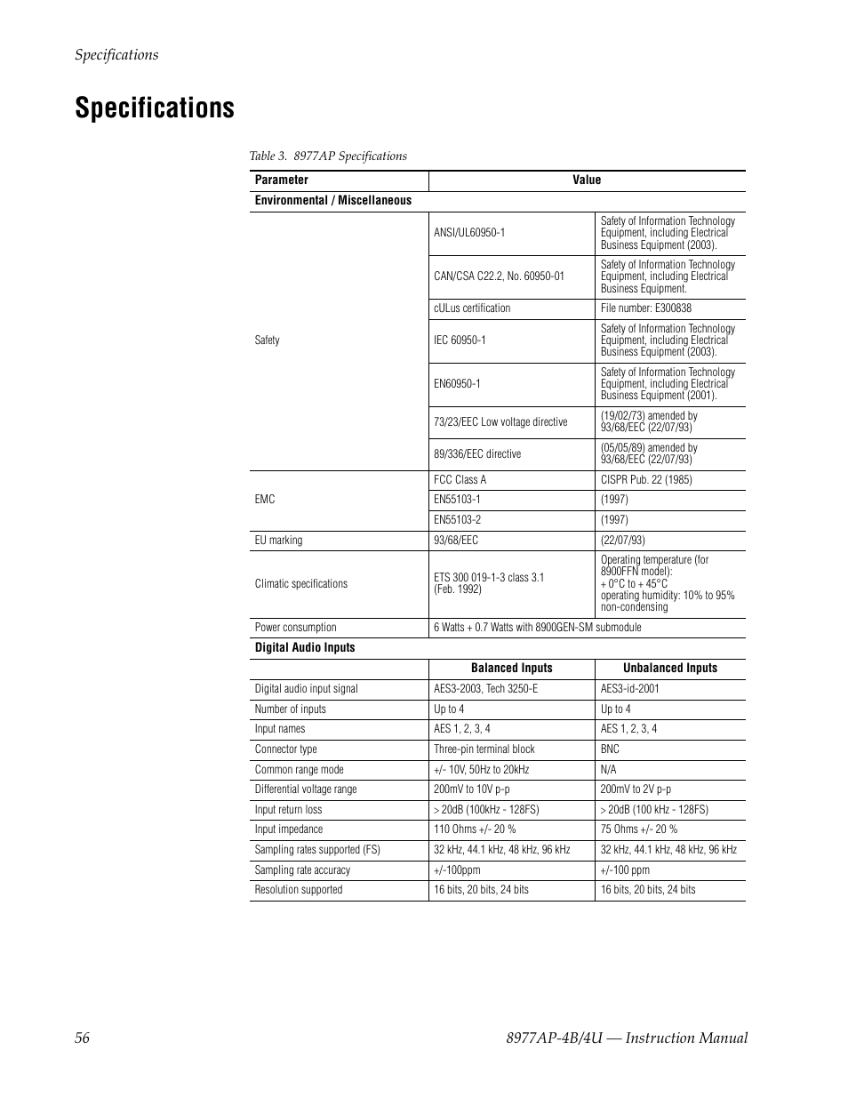 Specifications | Grass Valley 8977AP-4B User Manual | Page 56 / 68