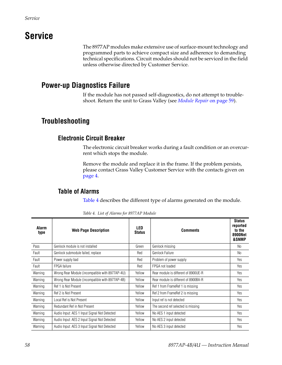 Service, Power-up diagnostics failure, Troubleshooting | Electronic circuit breaker, Table of alarms | Grass Valley 8977AP-4B User Manual | Page 58 / 68