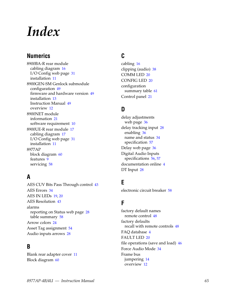 Index, Numerics | Grass Valley 8977AP-4B User Manual | Page 65 / 68