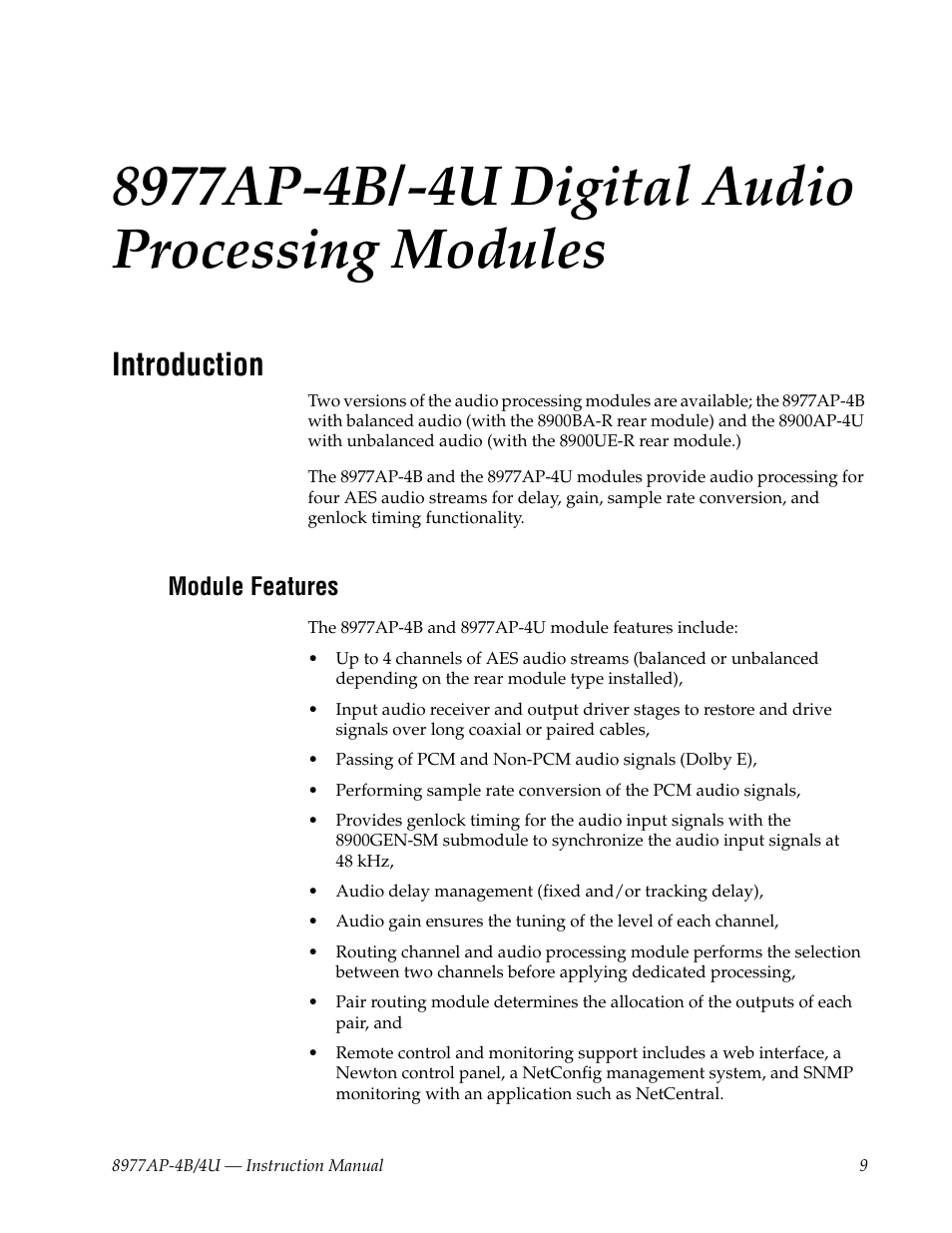 8977ap-4b/-4u digital audio processing modules, Introduction, Module features | Grass Valley 8977AP-4B User Manual | Page 9 / 68