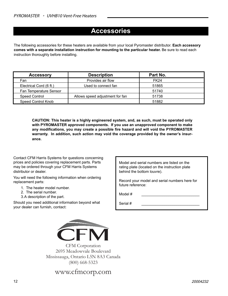 Accessories | CFM UVHB10 User Manual | Page 12 / 13