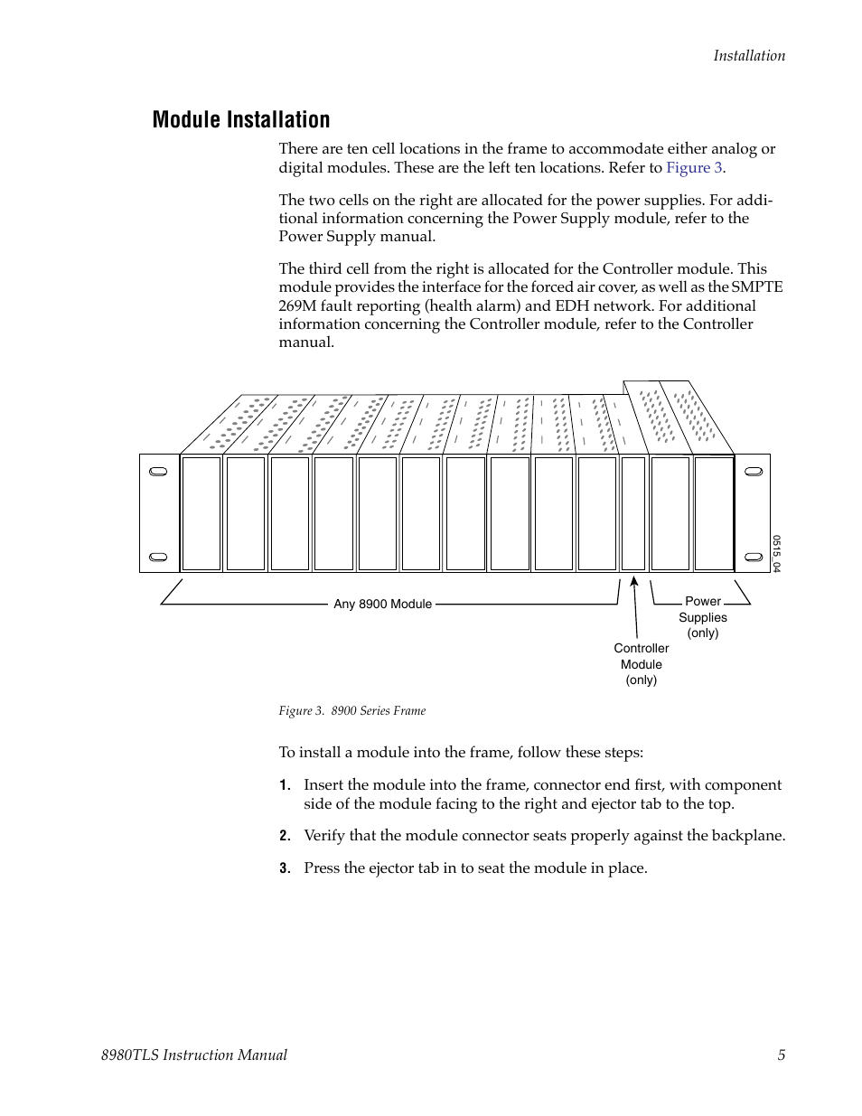 Module installation | Grass Valley 8980TLS User Manual | Page 11 / 16