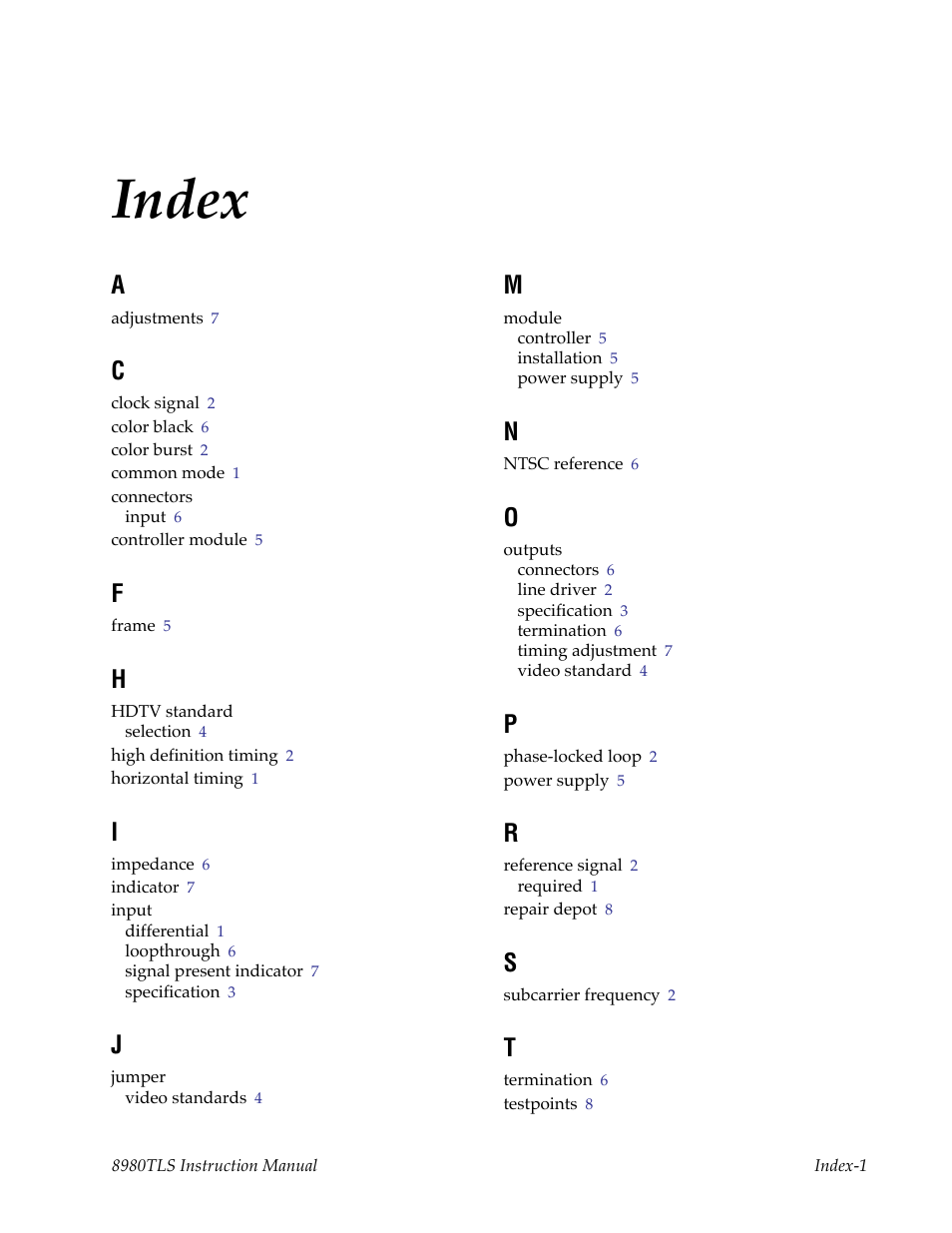 Index | Grass Valley 8980TLS User Manual | Page 15 / 16