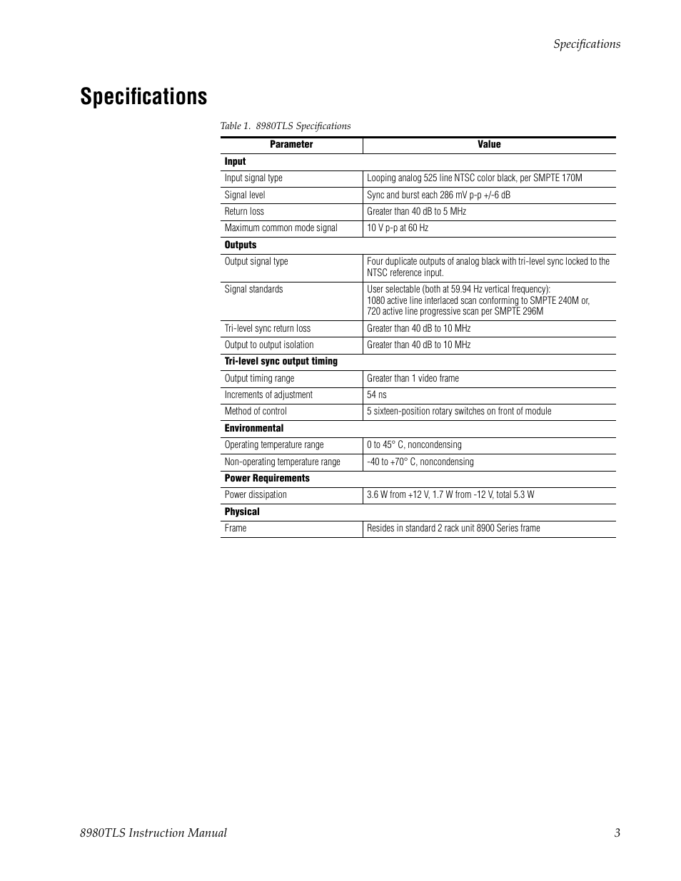 Specifications | Grass Valley 8980TLS User Manual | Page 9 / 16