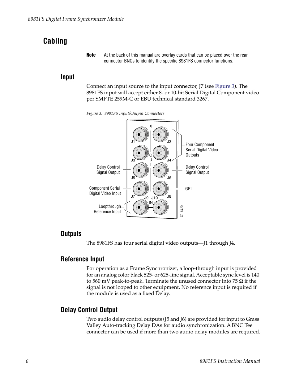 Cabling, Input, Outputs | Reference input, Delay control output | Grass Valley 8981FS User Manual | Page 12 / 38