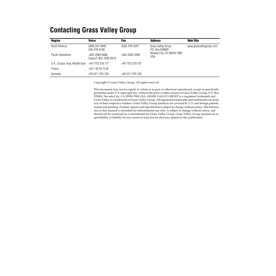 Contacting grass valley group | Grass Valley 8981FS User Manual | Page 2 / 38