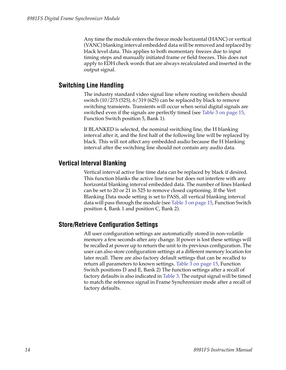 Switching line handling, Vertical interval blanking, Store/retrieve configuration settings | Grass Valley 8981FS User Manual | Page 20 / 38