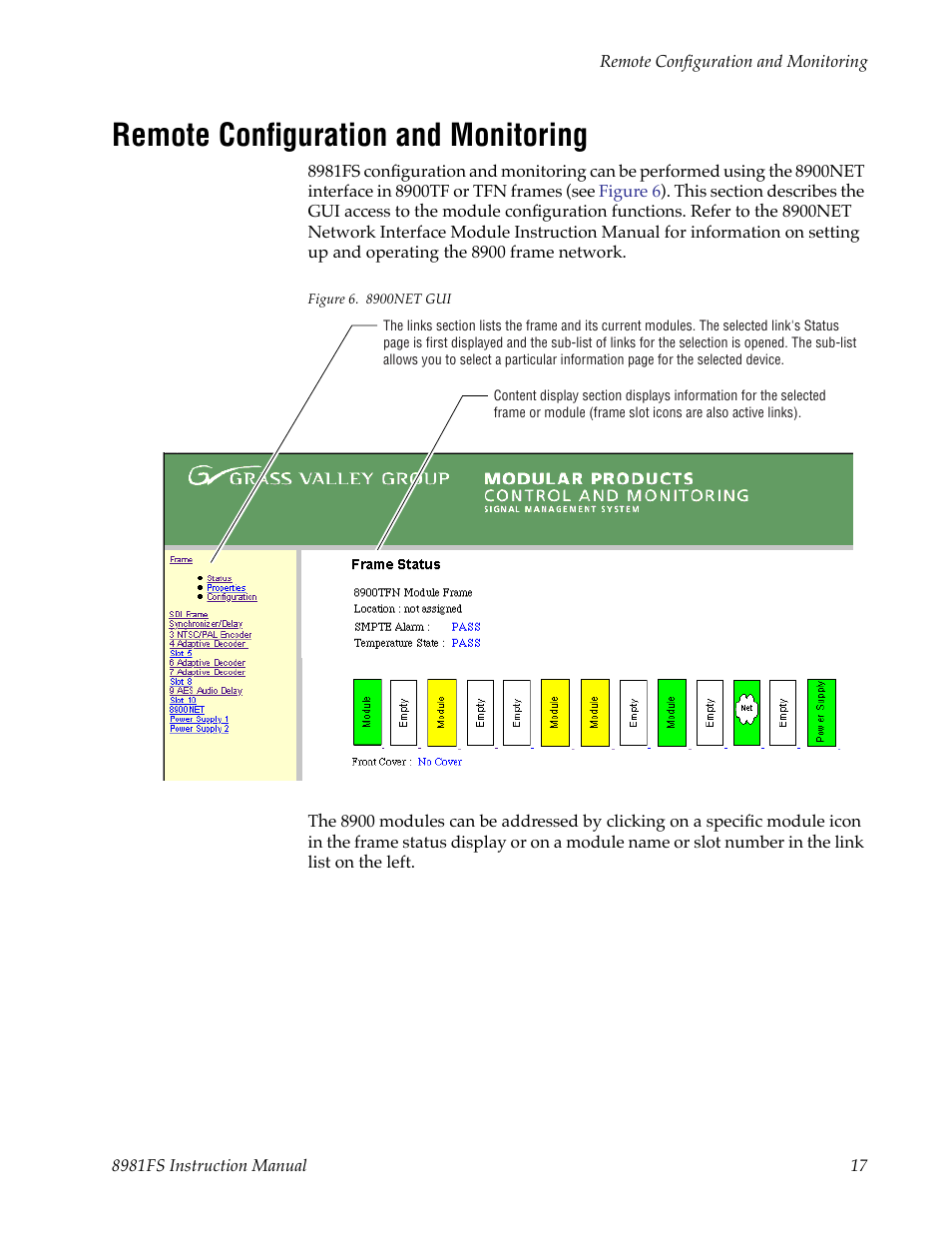 Remote configuration and monitoring | Grass Valley 8981FS User Manual | Page 23 / 38