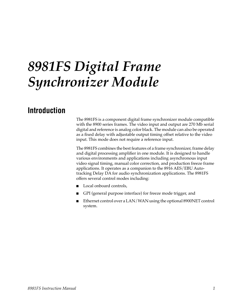 8981fs digital frame synchronizer module, Introduction | Grass Valley 8981FS User Manual | Page 7 / 38