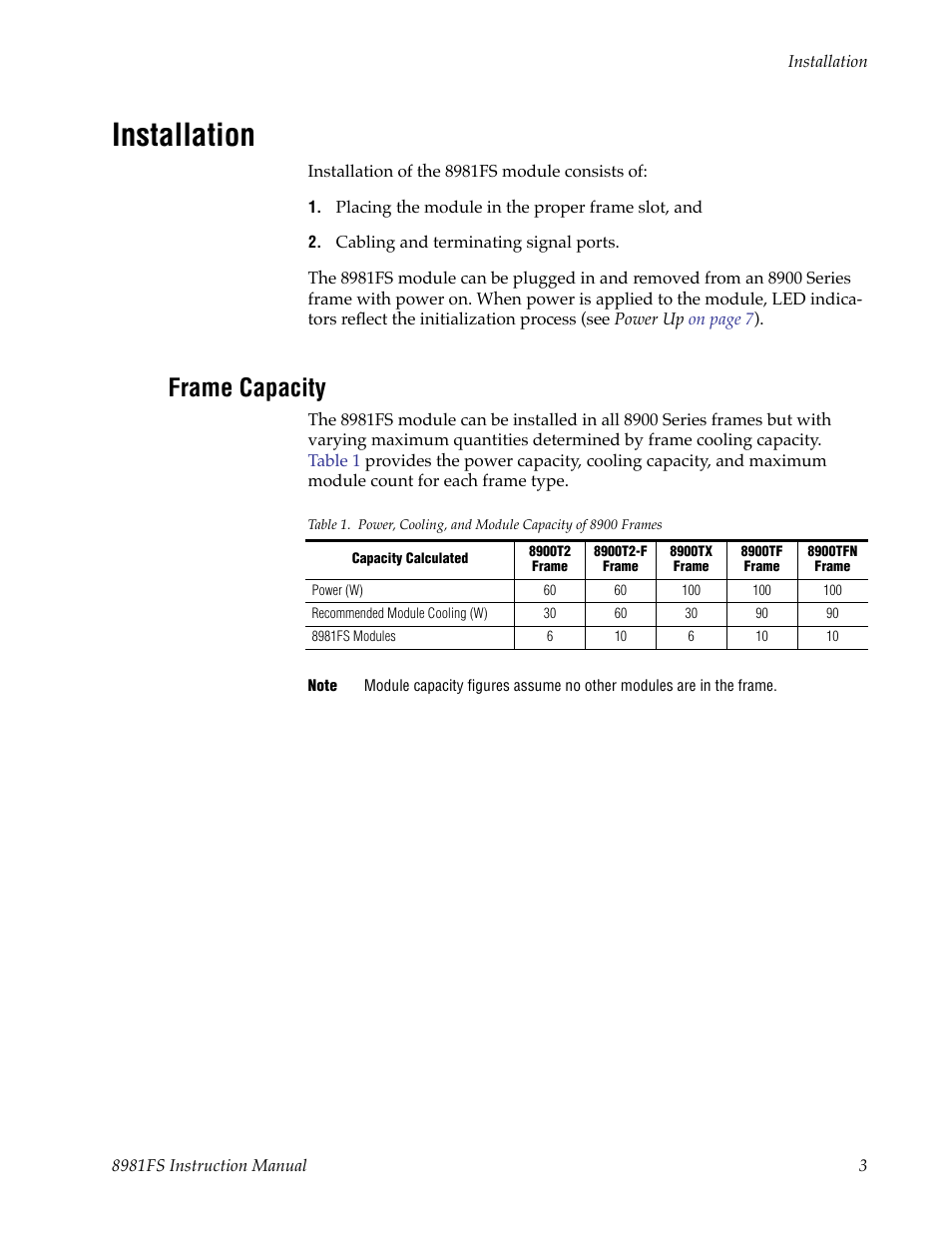 Installation, Frame capacity | Grass Valley 8981FS User Manual | Page 9 / 38