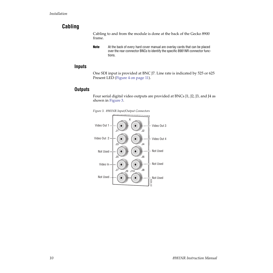 Cabling, Inputs, Outputs | Grass Valley 8981NR User Manual | Page 10 / 44
