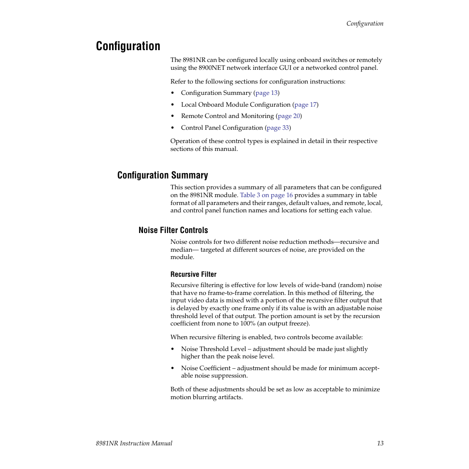 Configuration, Configuration summary, Noise filter controls | Grass Valley 8981NR User Manual | Page 13 / 44