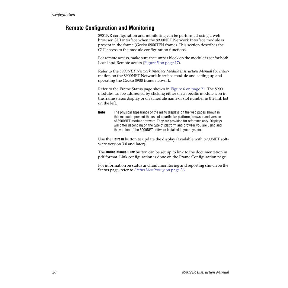 Remote configuration and monitoring, Ol and monitoring | Grass Valley 8981NR User Manual | Page 20 / 44