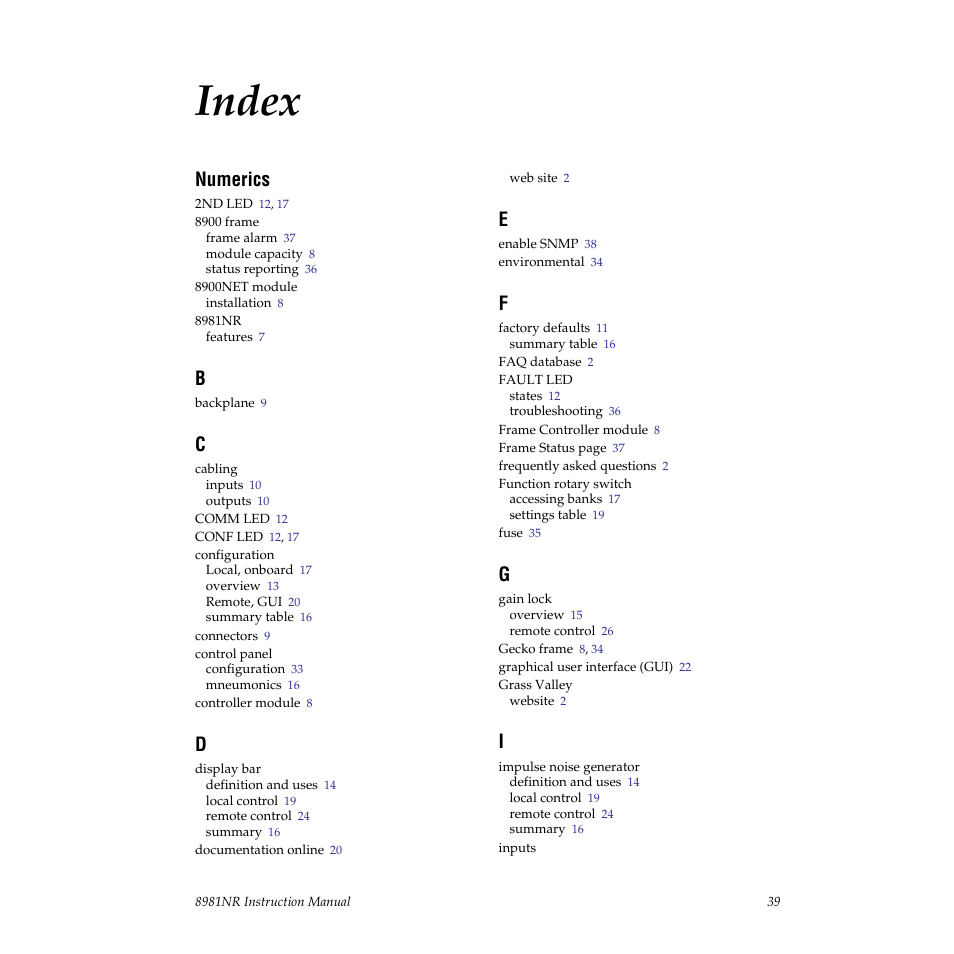 Index, Numerics | Grass Valley 8981NR User Manual | Page 39 / 44