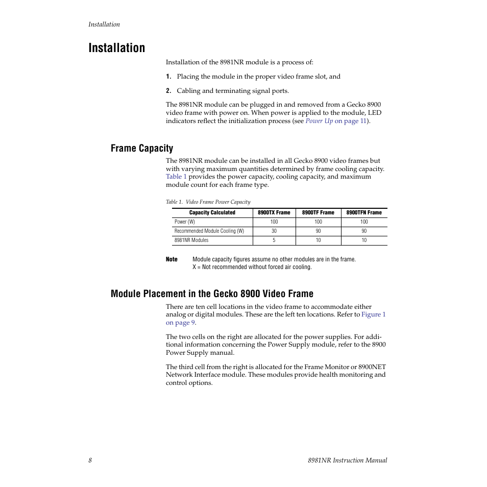 Installation, Frame capacity, Module placement in the gecko 8900 video frame | Grass Valley 8981NR User Manual | Page 8 / 44