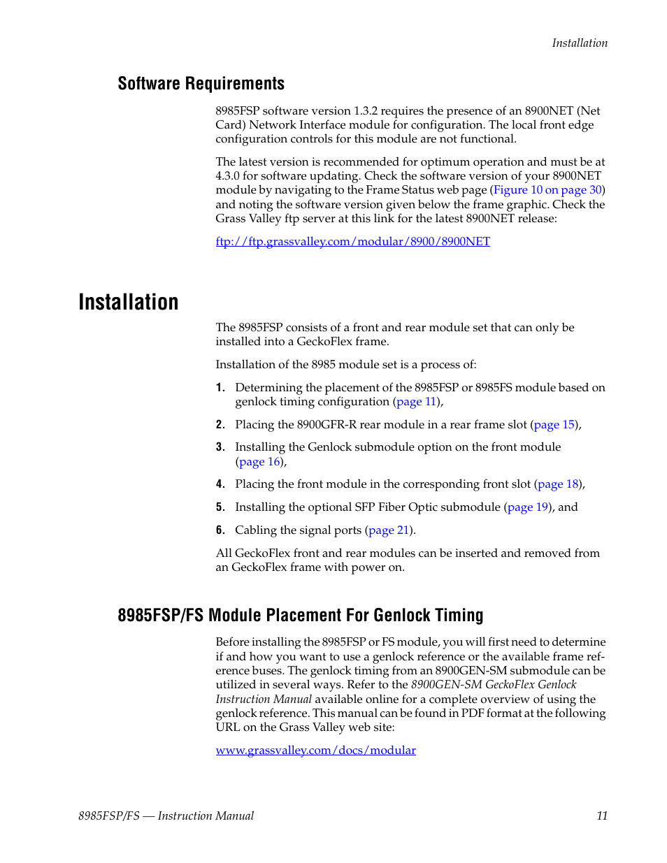 Software requirements, Installation, 8985fsp/fs module placement for genlock timing | Grass Valley 8985FS v.1.3.2 User Manual | Page 11 / 82