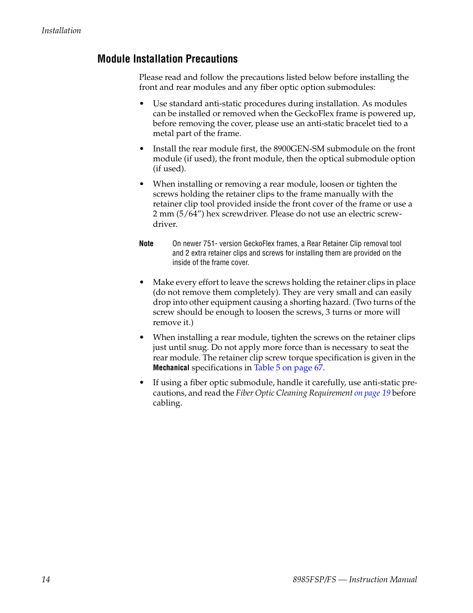 Module installation precautions | Grass Valley 8985FS v.1.3.2 User Manual | Page 14 / 82