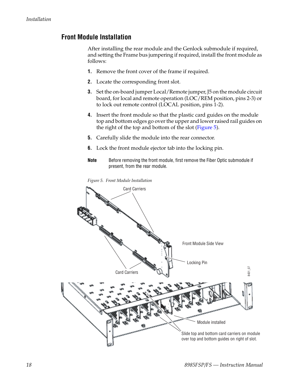 Front module installation | Grass Valley 8985FS v.1.3.2 User Manual | Page 18 / 82