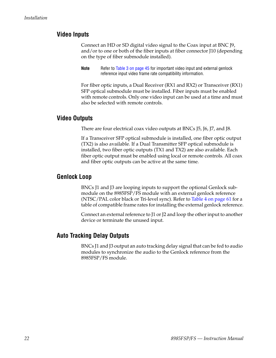 Video inputs, Video outputs, Genlock loop | Auto tracking delay outputs, And video outputs | Grass Valley 8985FS v.1.3.2 User Manual | Page 22 / 82
