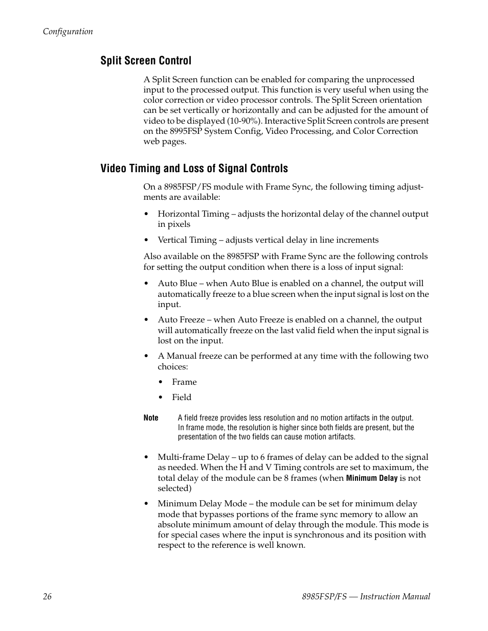 Split screen control, Video timing and loss of signal controls | Grass Valley 8985FS v.1.3.2 User Manual | Page 26 / 82